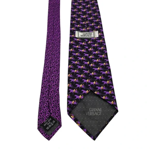 Gianni Versace Mens Necktie Luxury Purple Black Silk Tiger Woven Embroidered‎